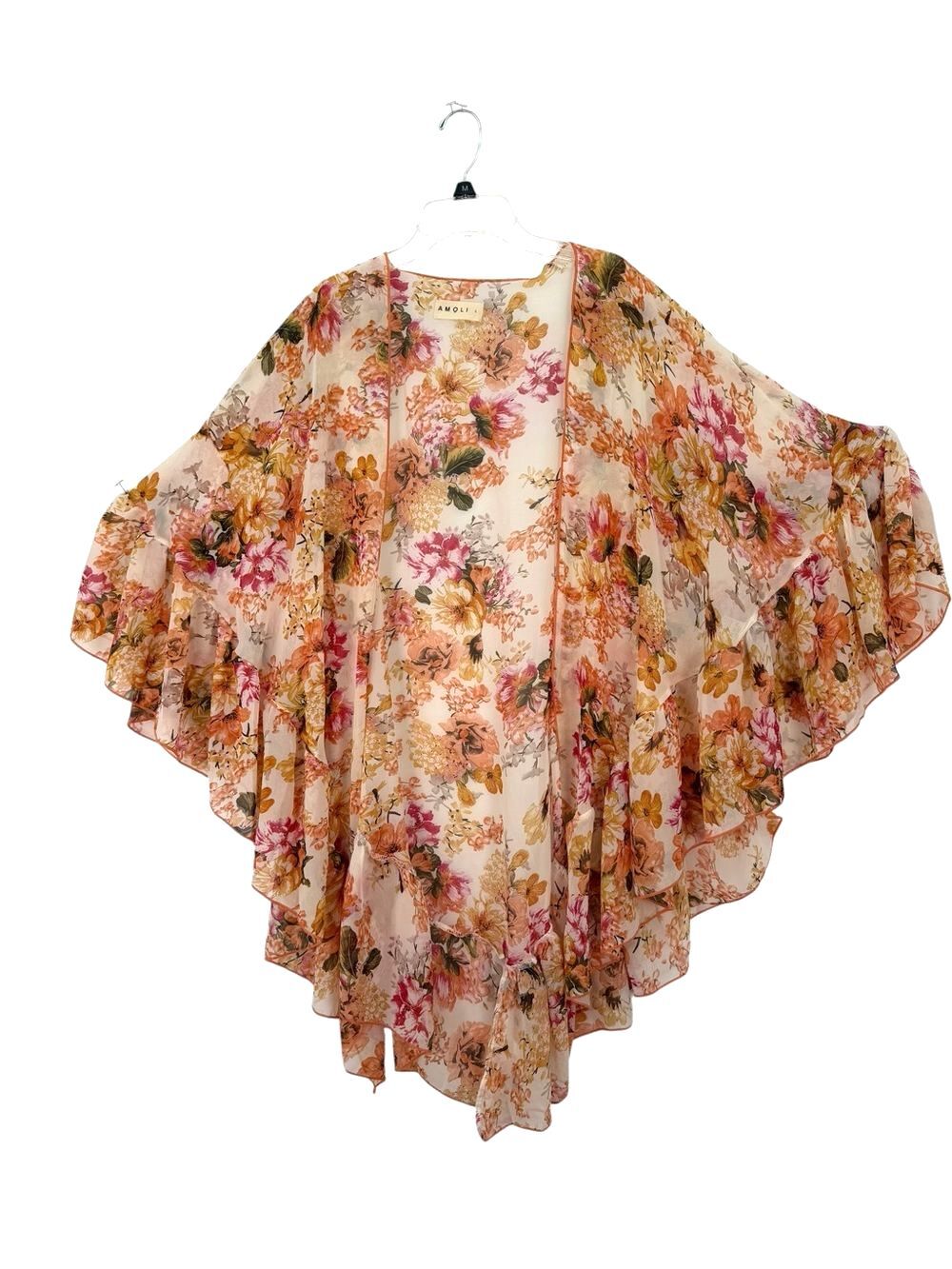 Amoli Floral Sheer Kimono Wrap in Ivory and Pink